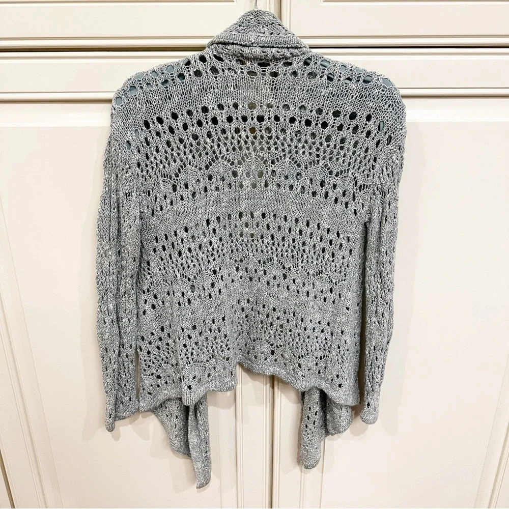 St John Designer Luxury Women’s Pale Blue Open Crochet Knit Waterfall Cardigan M